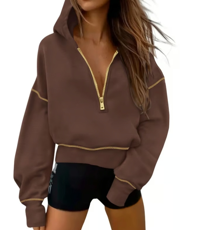 Women's Half Zip Hooded Long Sleeve Cropped Pullover-tidenox