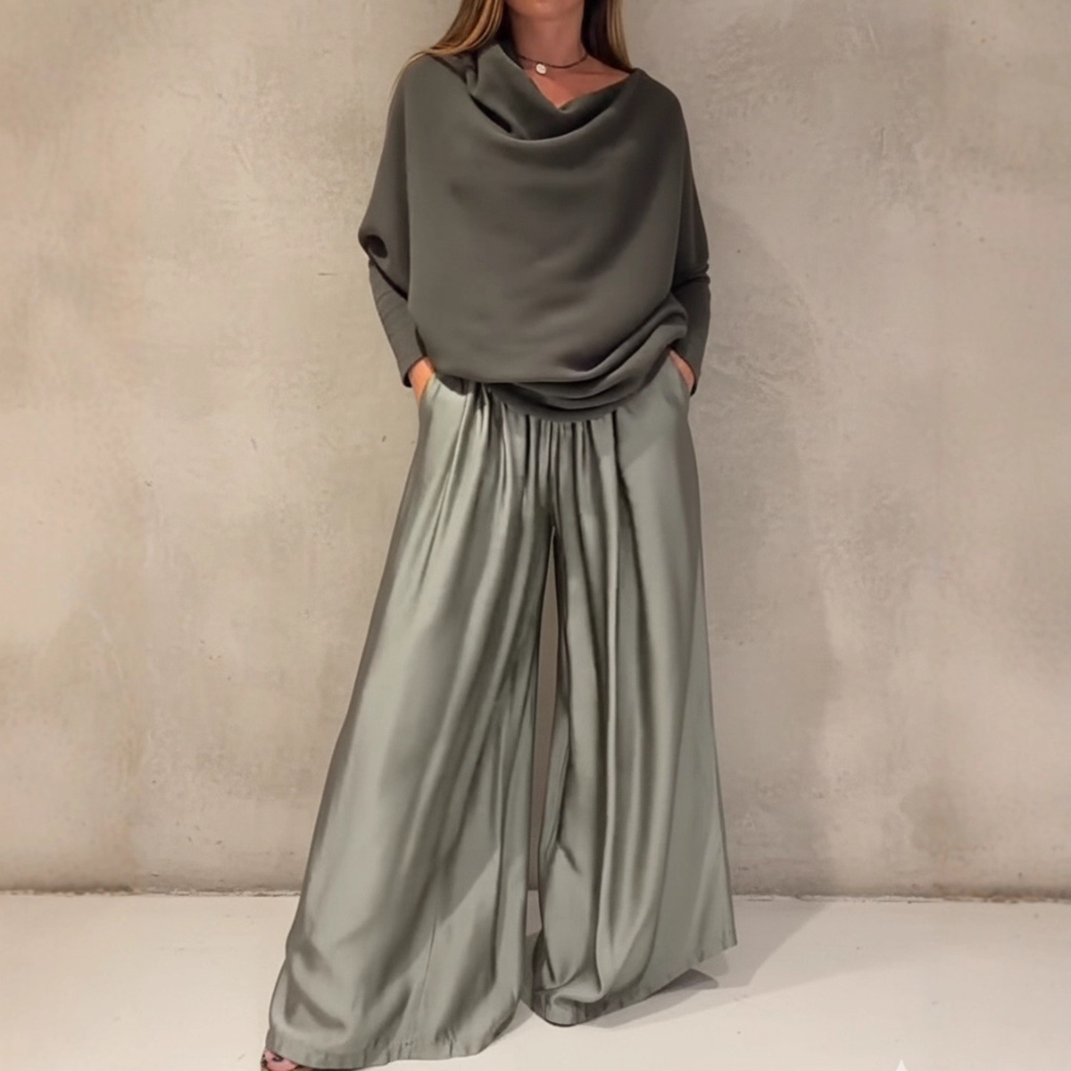 Elegant Off-shoulder Sweater and Satin Wide-leg Pants Two-piece Suit-tidenox