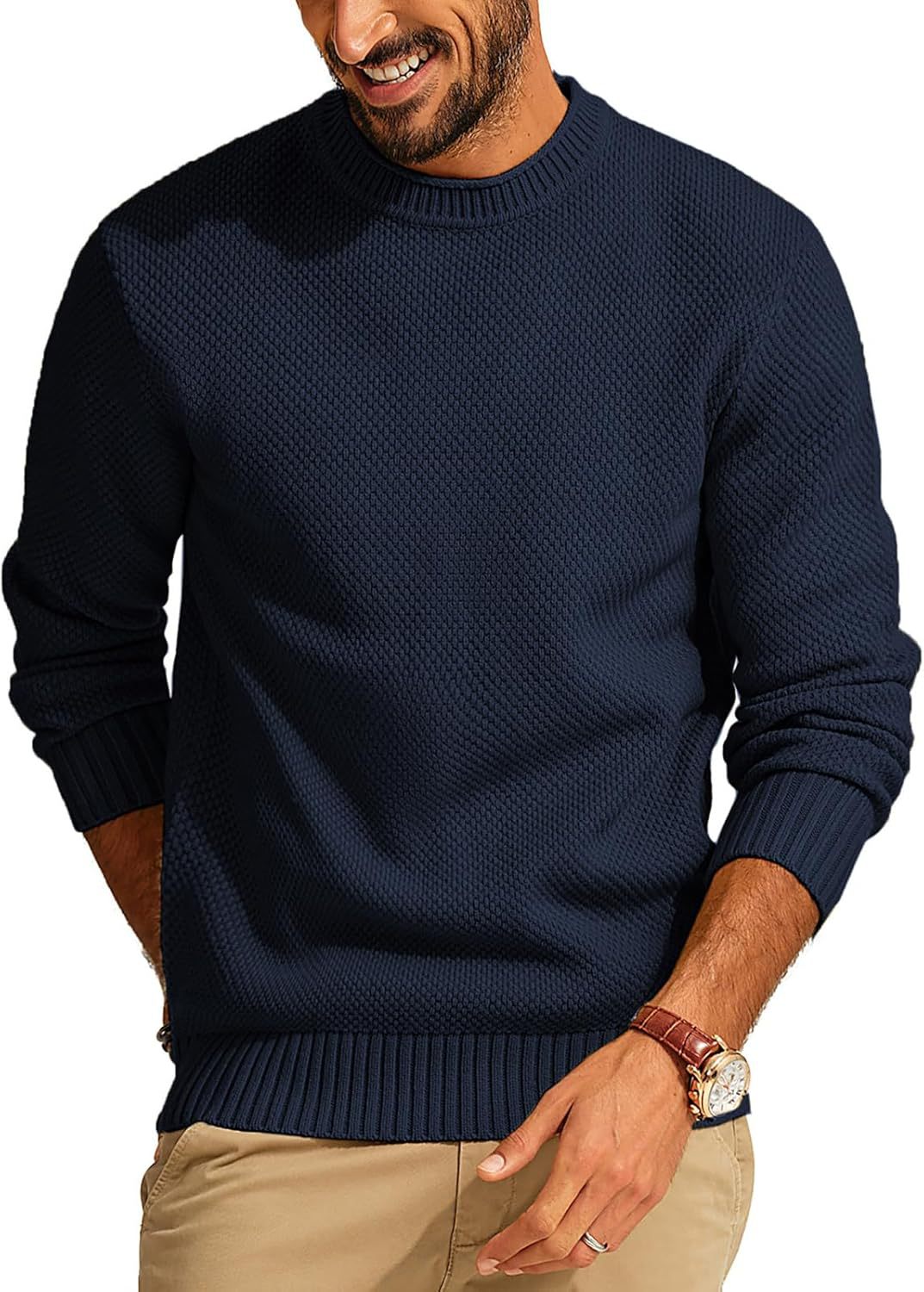 Men's Casual Pullover Solid Color Waffle Crew Neck Sweater-tidenox