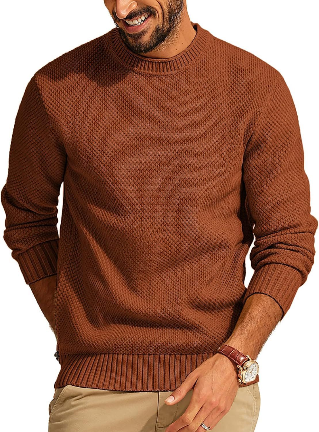 Men's Casual Pullover Solid Color Waffle Crew Neck Sweater-tidenox