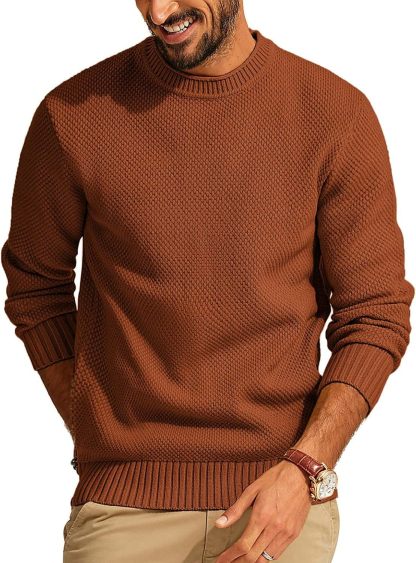 Men's Casual Pullover Solid Color Waffle Crew Neck Sweater-tidenox
