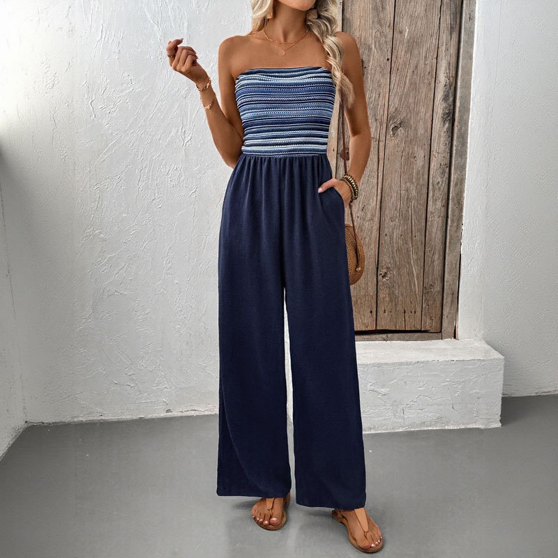 Fashion Bandeau Stripe Print Sleeveless Jumpsuit