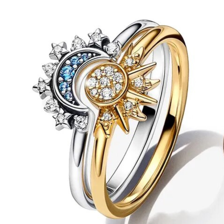Celestial Crystal Ring Duo: Sun & Moon Design-tidenox