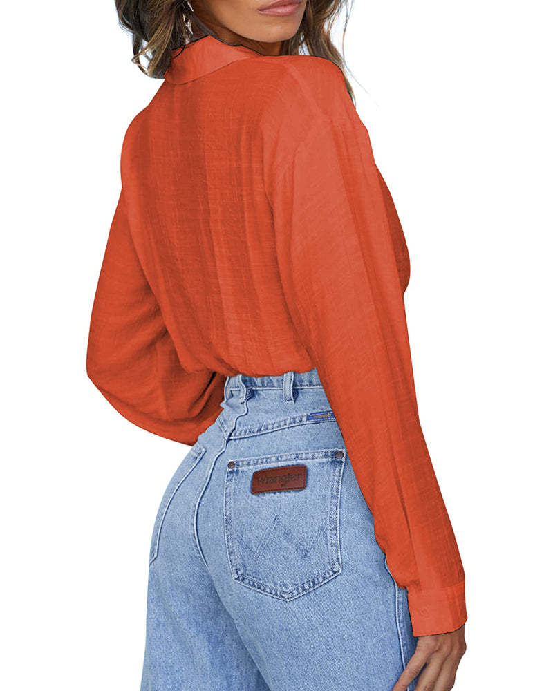 Zeagoo Women's V Neck Twist Hem Blouse Long Sleeve Crop Top Casual Button Shirts-tidenox