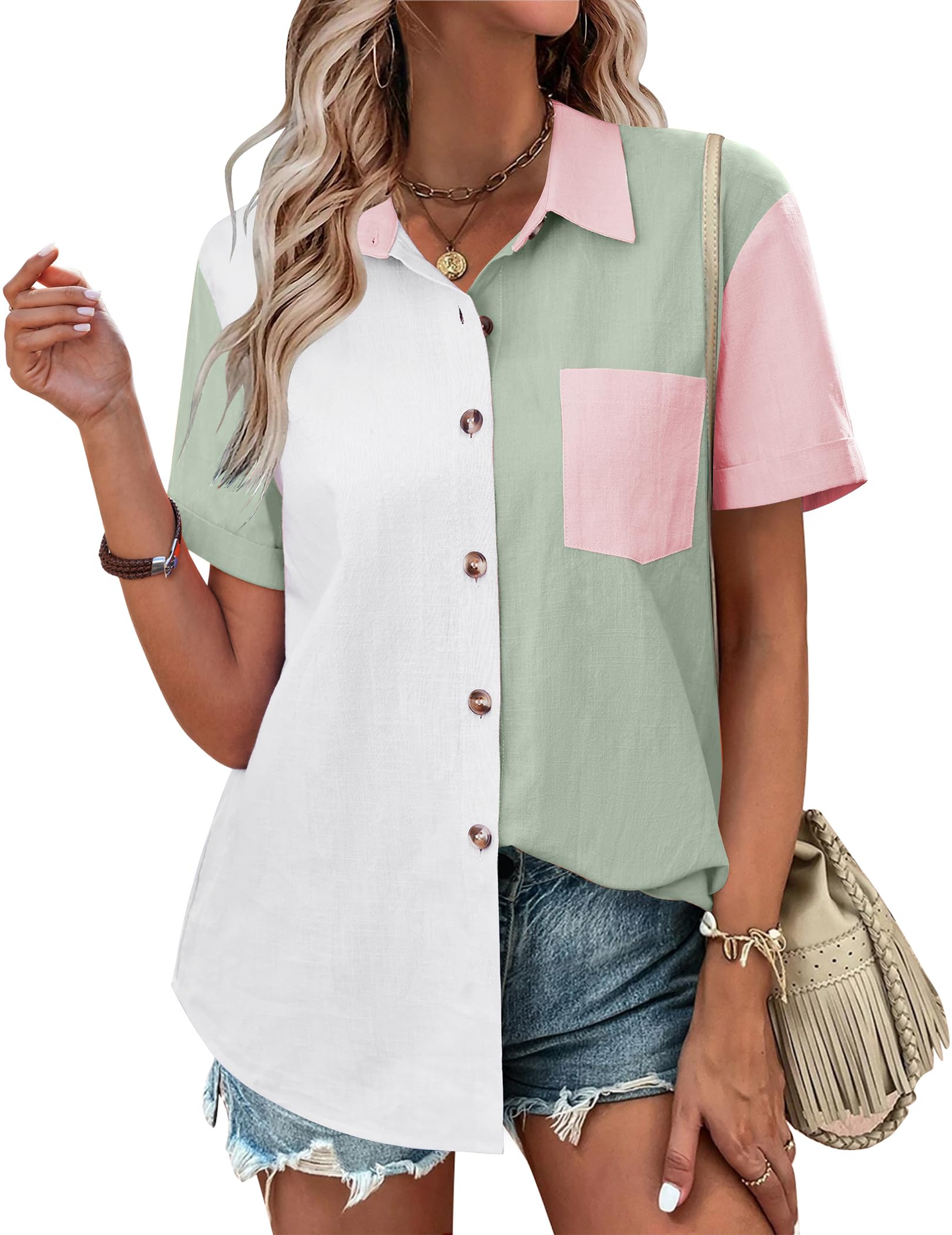 Zeagoo Color Block Short Sleeve Cotton Linen Causal Tops-tidenox
