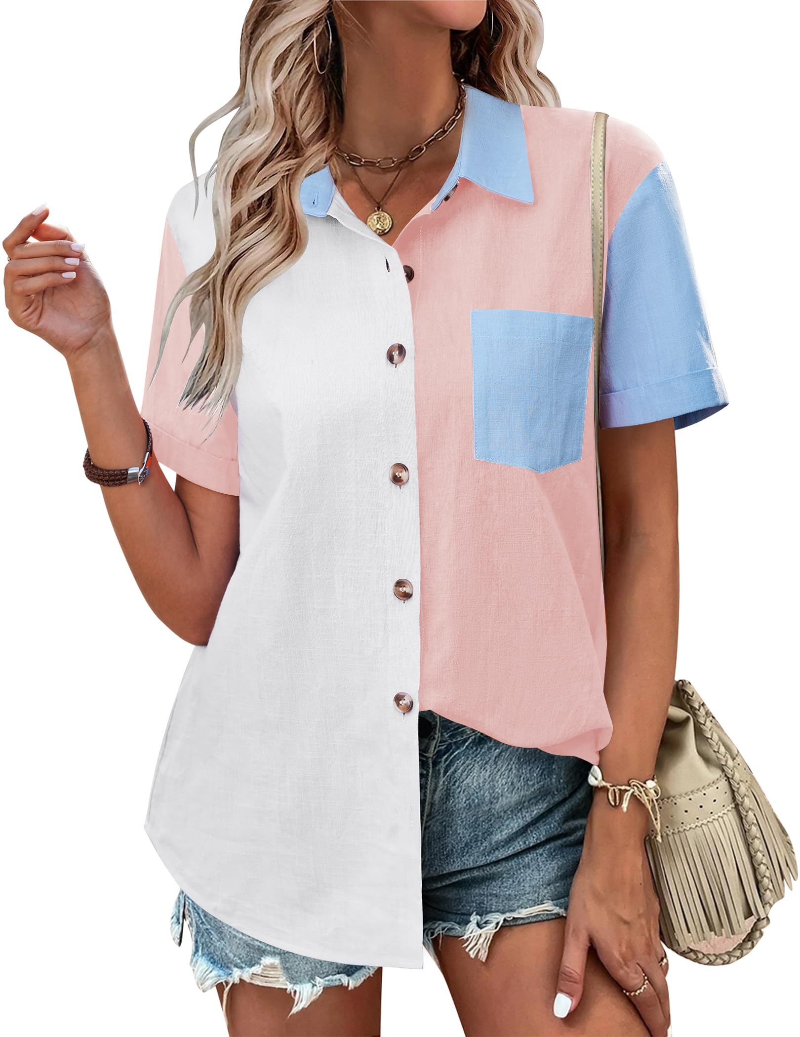 Zeagoo Color Block Short Sleeve Cotton Linen Causal Tops-tidenox