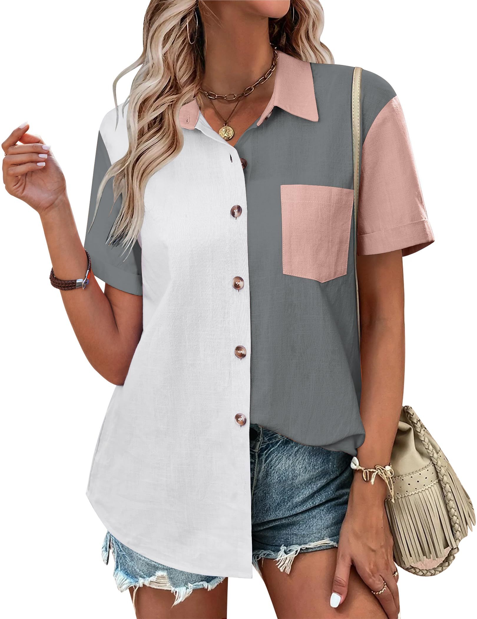 Zeagoo Color Block Short Sleeve Cotton Linen Causal Tops-tidenox