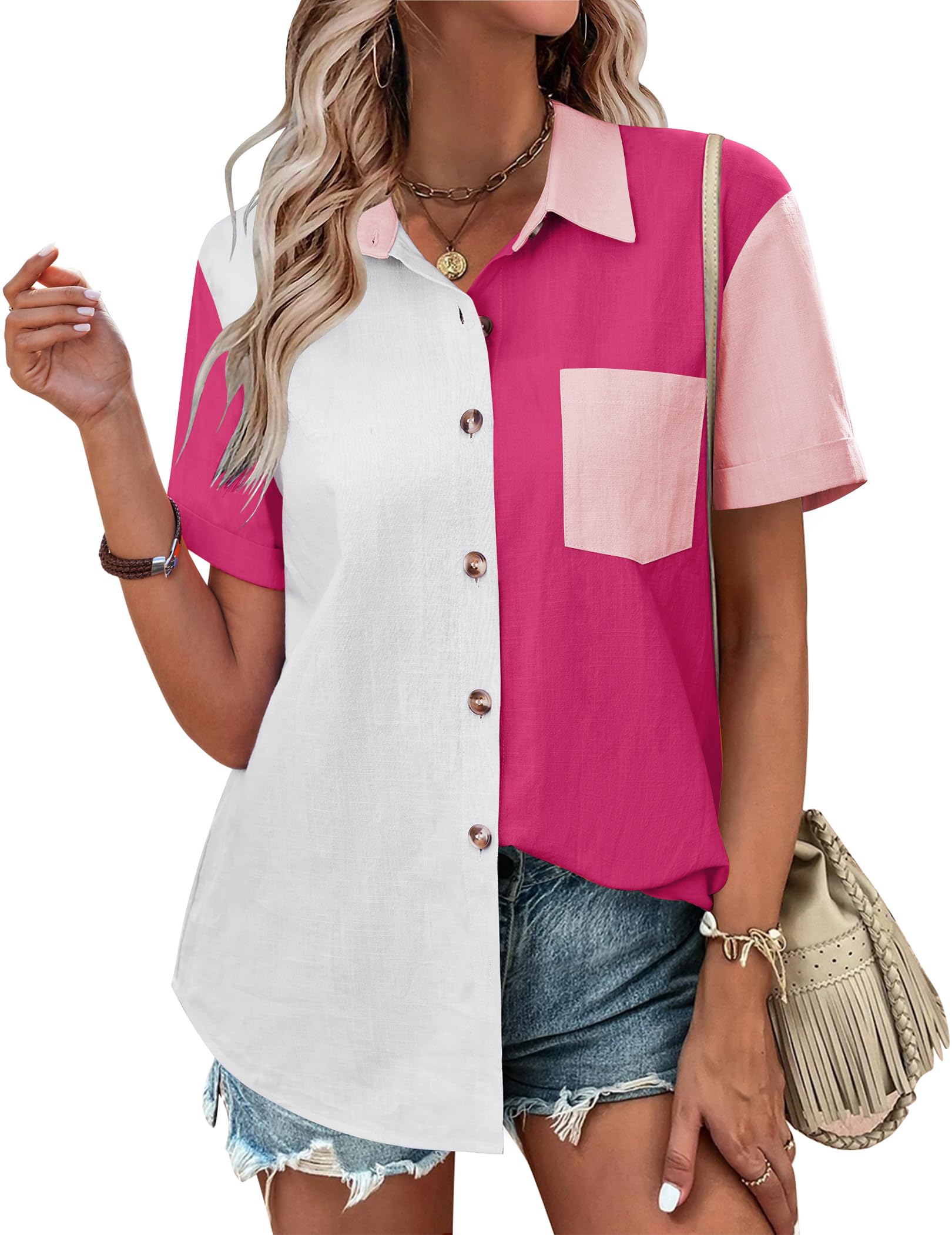 Zeagoo Color Block Short Sleeve Cotton Linen Causal Tops-tidenox
