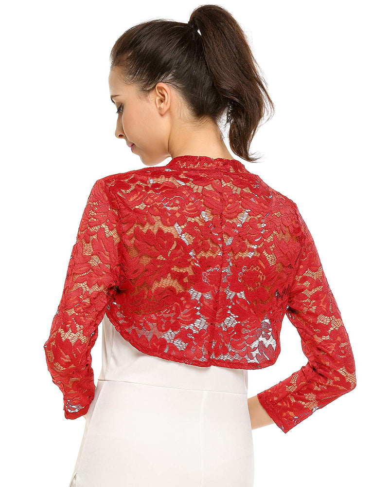 Women's 3 4 Sleeve Bolero Shrugs Crochet Lace Open Cardigan - Zeagoo (Us Only)-tidenox