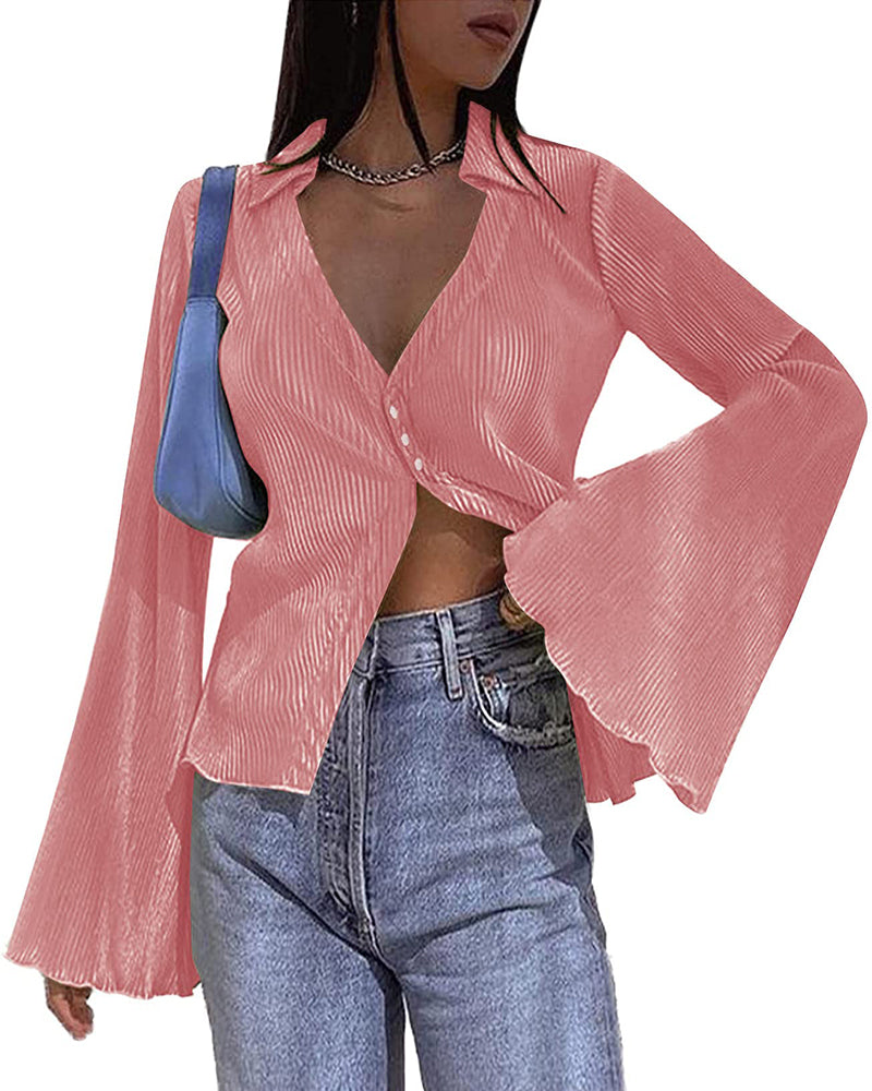 Women's Deep V Neck Shirt Button Front Blouse Bell Long Sleeve Tops - Zeagoo (Us Only)-tidenox