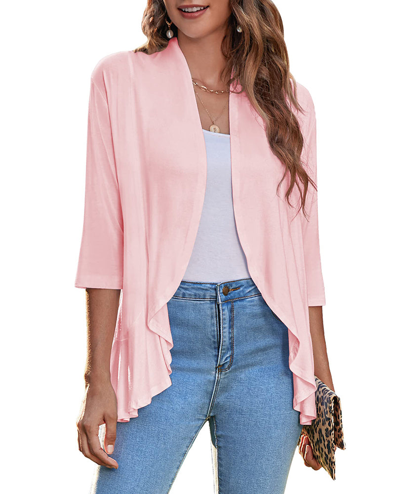 Women's Open Front Cardigan 3/4 Sleeve Draped Ruffles Soft Knit Sweaters - Zeagoo (Us Only)-tidenox