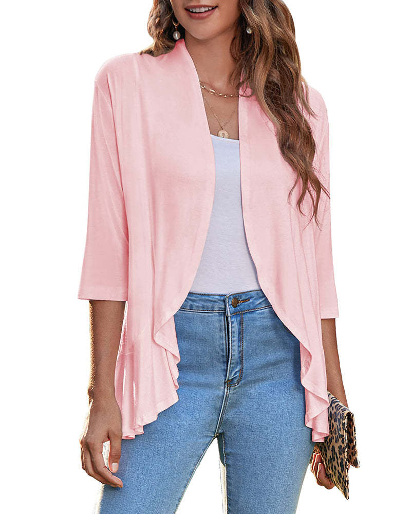 Women's Open Front Cardigan 3/4 Sleeve Draped Ruffles Soft Knit Sweaters - Zeagoo (Us Only)-tidenox