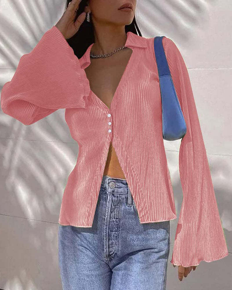 Women's Deep V Neck Shirt Button Front Blouse Bell Long Sleeve Tops - Zeagoo (Us Only)-tidenox