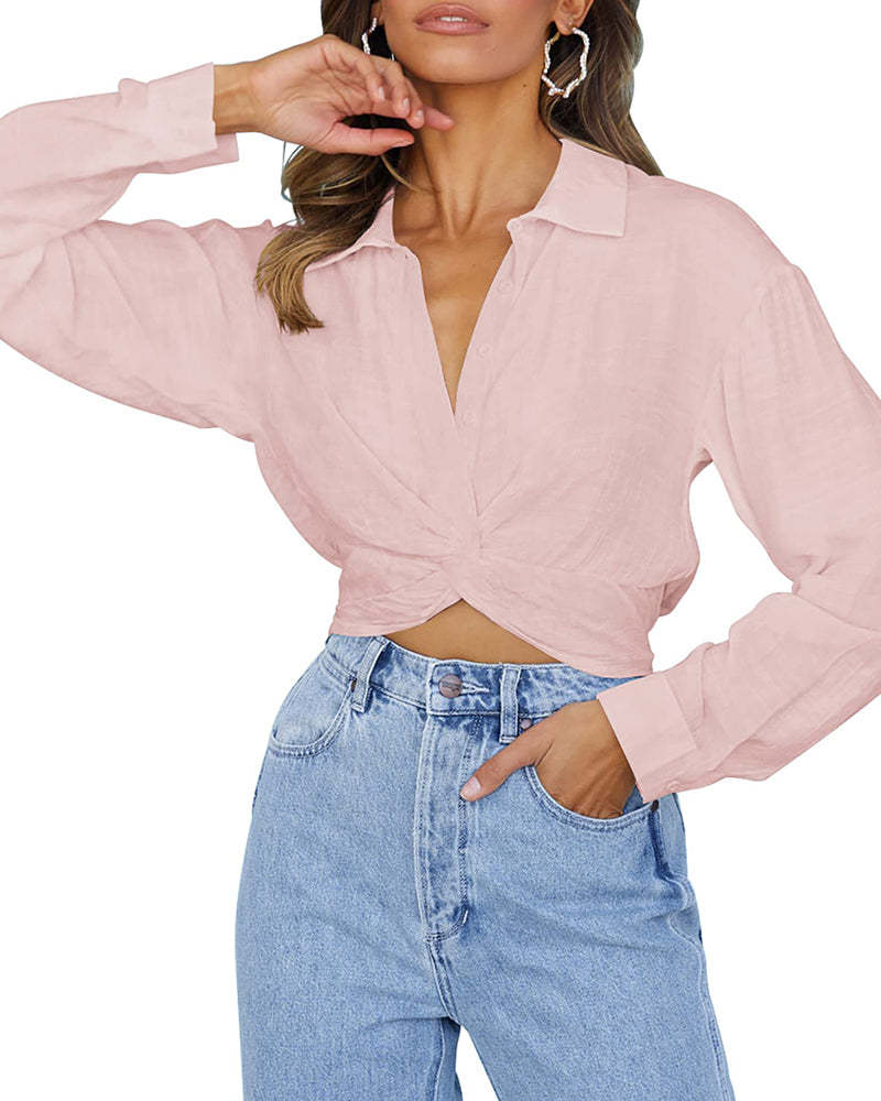 Zeagoo Women's V Neck Twist Hem Blouse Long Sleeve Crop Top Casual Button Shirts-tidenox