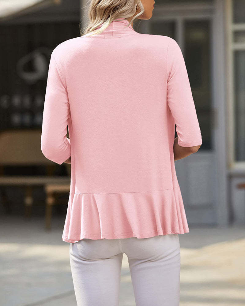 Women's Open Front Cardigan 3/4 Sleeve Draped Ruffles Soft Knit Sweaters - Zeagoo (Us Only)-tidenox