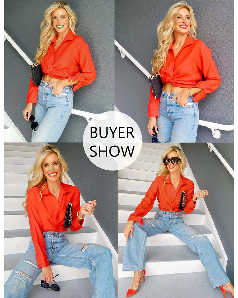 Zeagoo Women's V Neck Twist Hem Blouse Long Sleeve Crop Top Casual Button Shirts-tidenox