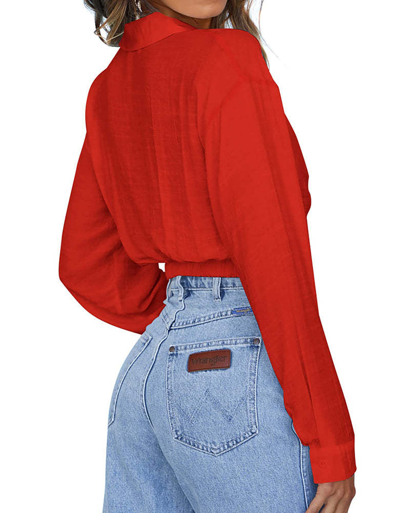 Zeagoo Women's V Neck Twist Hem Blouse Long Sleeve Crop Top Casual Button Shirts-tidenox