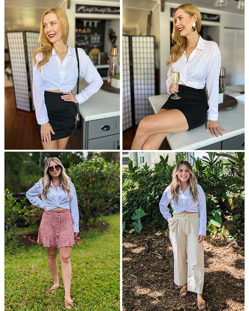 Zeagoo Women's V Neck Twist Hem Blouse Long Sleeve Crop Top Casual Button Shirts-tidenox