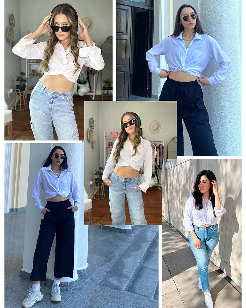 Zeagoo Women's V Neck Twist Hem Blouse Long Sleeve Crop Top Casual Button Shirts-tidenox