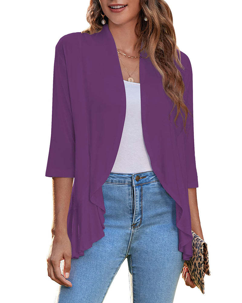 Women's Open Front Cardigan 3/4 Sleeve Draped Ruffles Soft Knit Sweaters - Zeagoo (Us Only)-tidenox