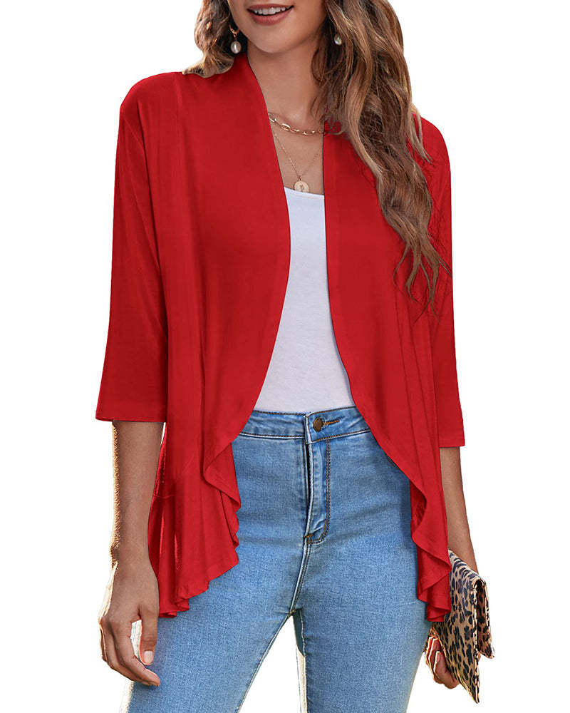 Women's Open Front Cardigan 3/4 Sleeve Draped Ruffles Soft Knit Sweaters - Zeagoo (Us Only)-tidenox