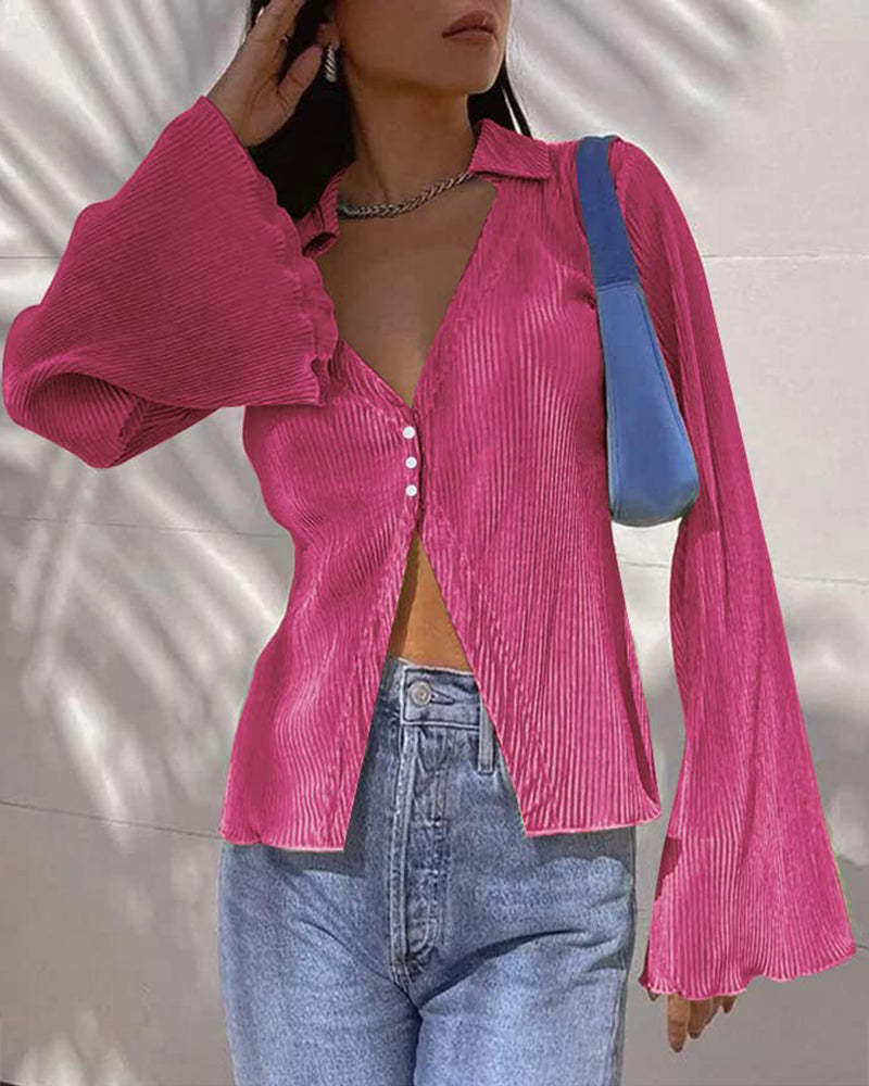 Women's Deep V Neck Shirt Button Front Blouse Bell Long Sleeve Tops - Zeagoo (Us Only)-tidenox