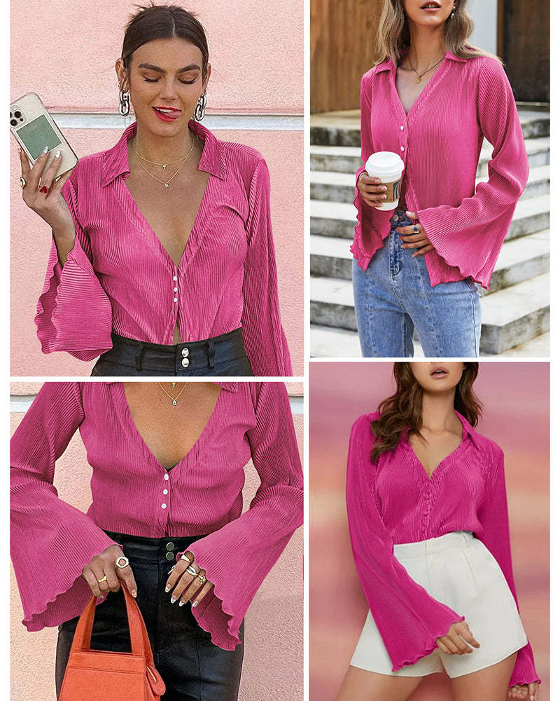 Women's Deep V Neck Shirt Button Front Blouse Bell Long Sleeve Tops - Zeagoo (Us Only)-tidenox