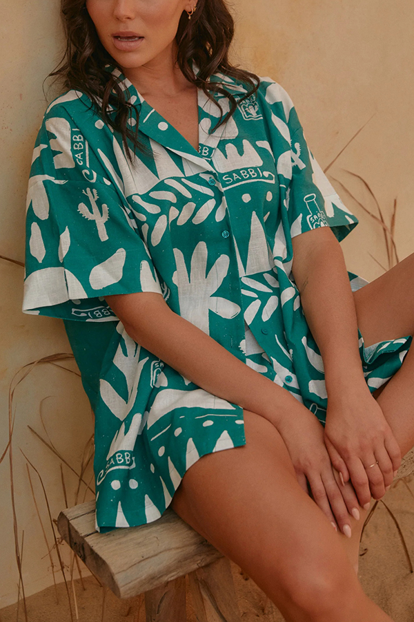 Altos Unique Printed Pocket Shirt and Elastic Waist Shorts Set-tidenox