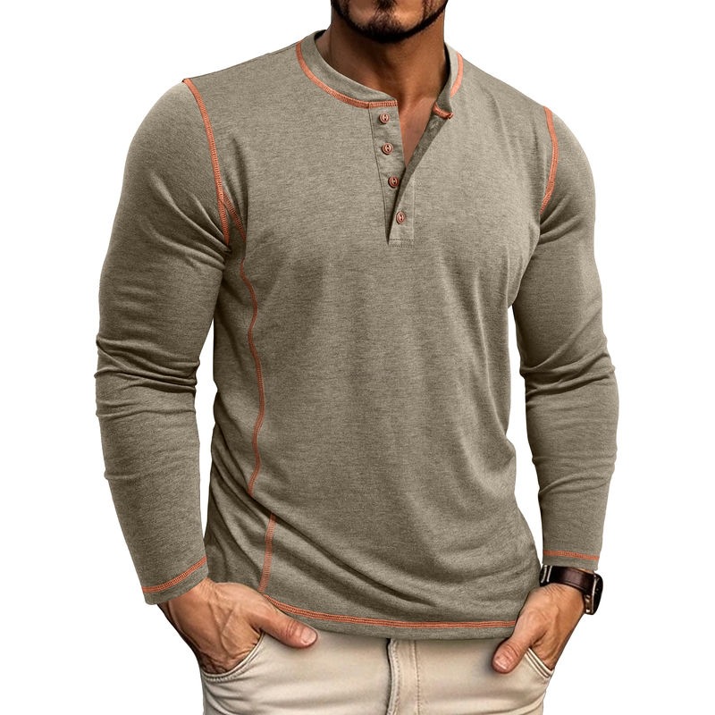 Men's Henley Four-Button Cotton Long-Sleeved Top-tidenox
