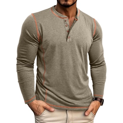 Men's Henley Four-Button Cotton Long-Sleeved Top-tidenox