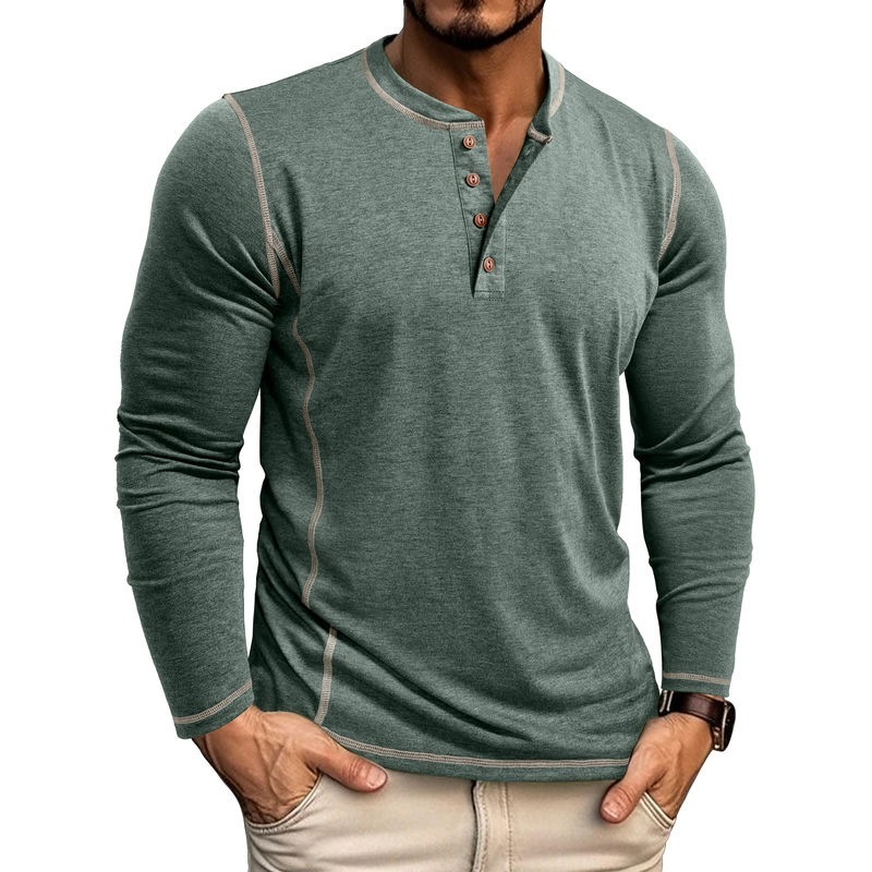 Men's Henley Four-Button Cotton Long-Sleeved Top-tidenox