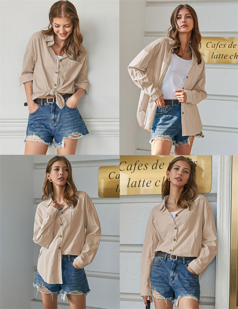Color Block Button Down Shirts Long Sleeve Linen Shirt-Zeagoo-tidenox
