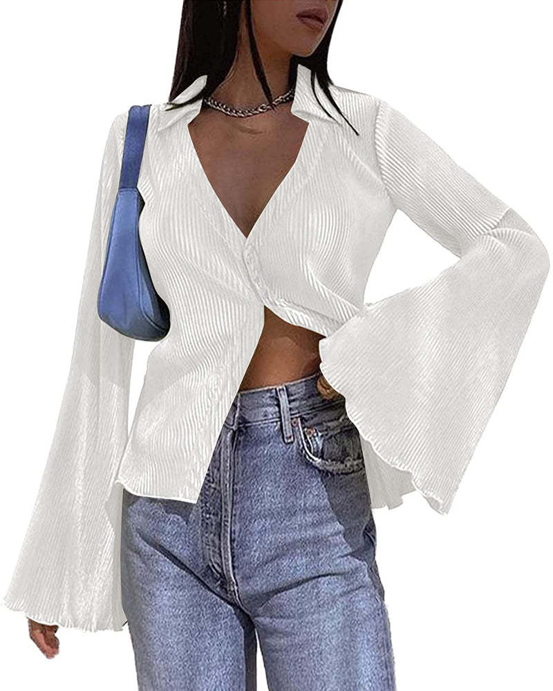 Women's Deep V Neck Shirt Button Front Blouse Bell Long Sleeve Tops - Zeagoo (Us Only)-tidenox