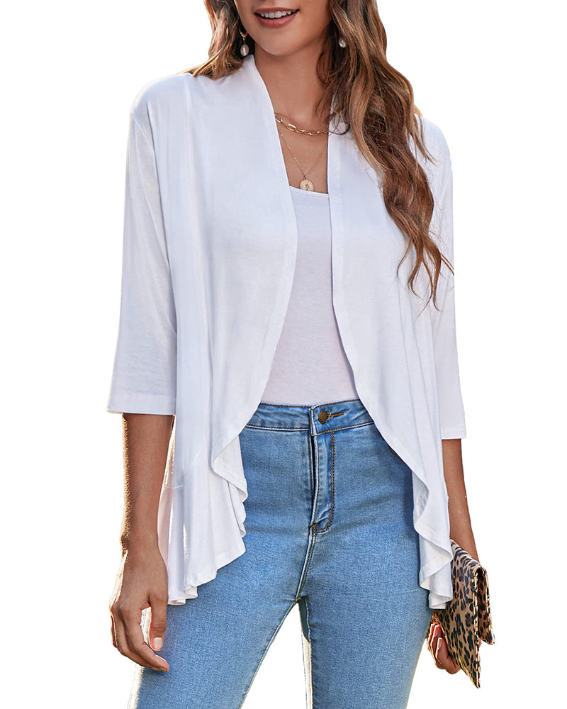 Women's Open Front Cardigan 3/4 Sleeve Draped Ruffles Soft Knit Sweaters - Zeagoo (Us Only)-tidenox