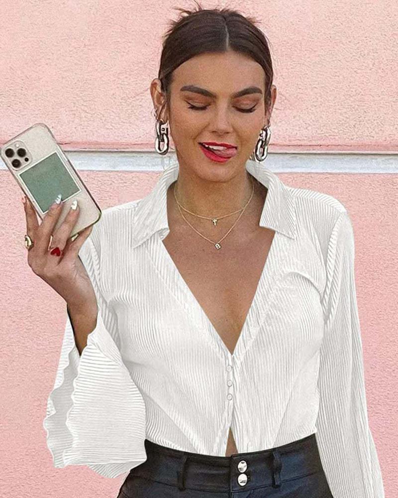 Women's Deep V Neck Shirt Button Front Blouse Bell Long Sleeve Tops - Zeagoo (Us Only)-tidenox