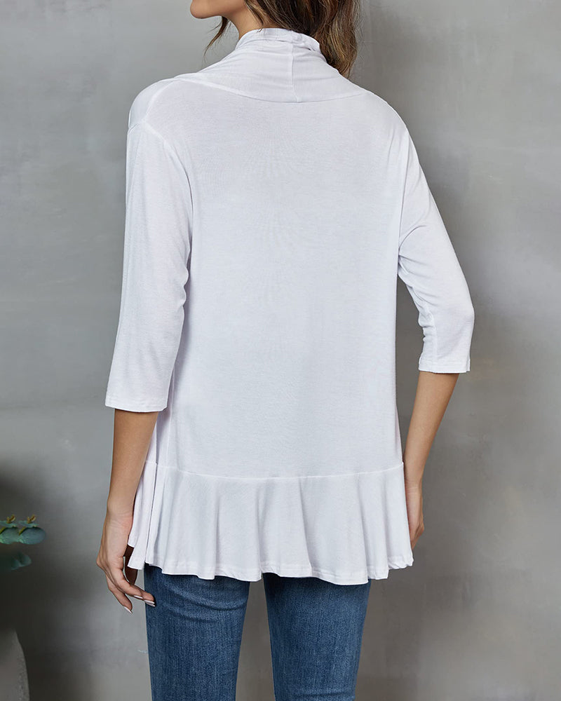 Women's Open Front Cardigan 3/4 Sleeve Draped Ruffles Soft Knit Sweaters - Zeagoo (Us Only)-tidenox