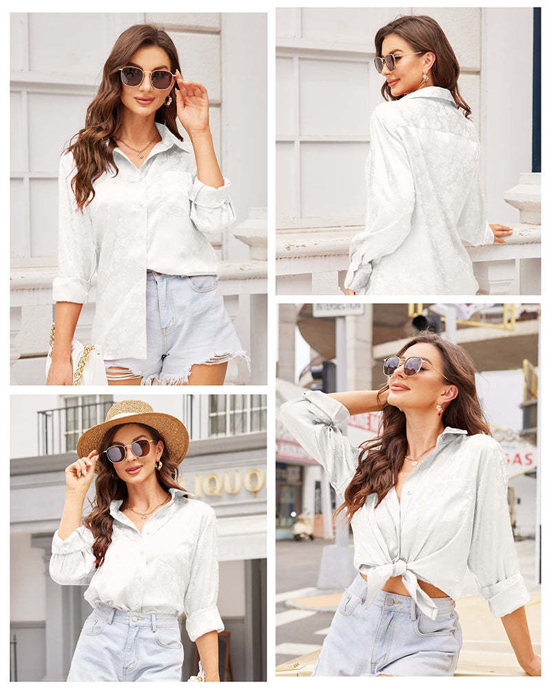 Satin Silk Shirt Floral Button Down Blouse - Zeagoo (Us Only)-tidenox