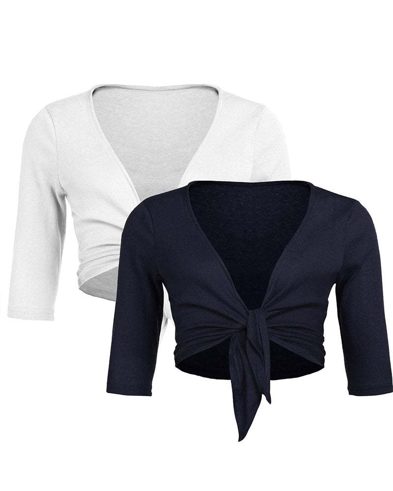 Women's Cropped Cardigan 3/4 Sleeve Sweater Shrugs Tie Front Bolero Jacket 2 Pack S-XXL - Zeagoo (Us Only)-tidenox