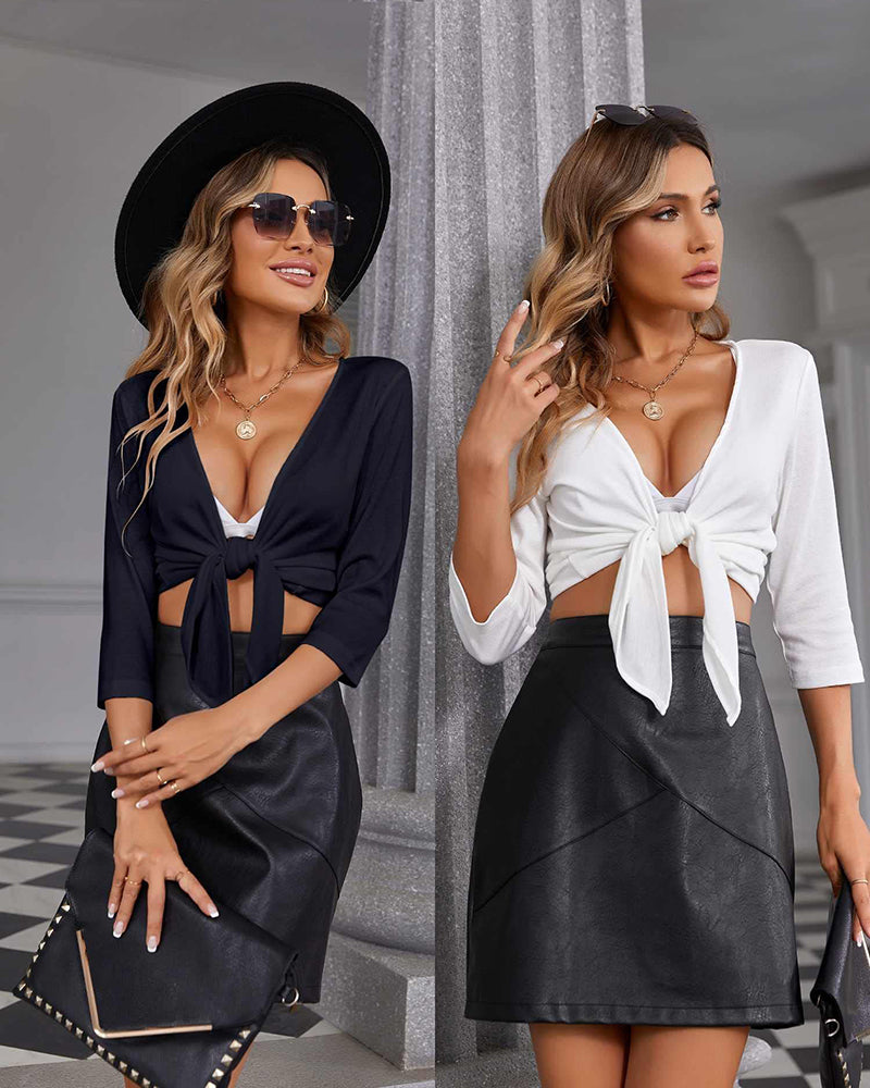 Women's Cropped Cardigan 3/4 Sleeve Sweater Shrugs Tie Front Bolero Jacket 2 Pack S-XXL - Zeagoo (Us Only)-tidenox
