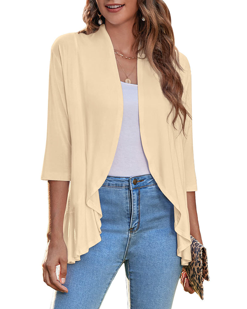Women's Open Front Cardigan 3/4 Sleeve Draped Ruffles Soft Knit Sweaters - Zeagoo (Us Only)-tidenox