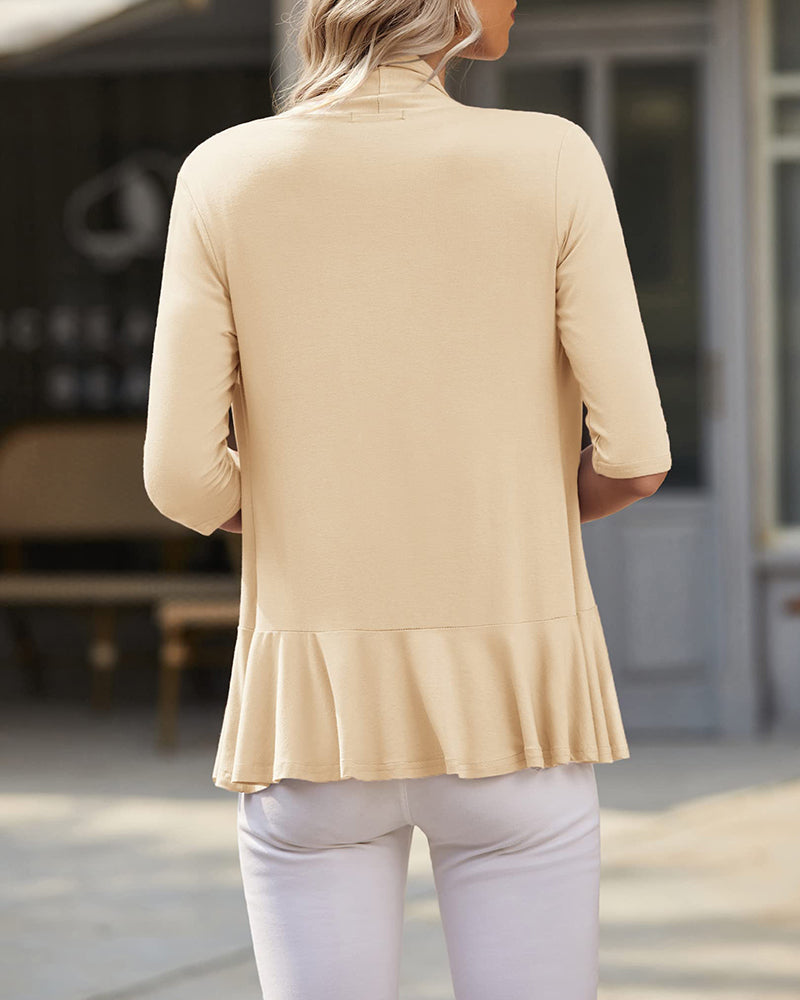 Women's Open Front Cardigan 3/4 Sleeve Draped Ruffles Soft Knit Sweaters - Zeagoo (Us Only)-tidenox