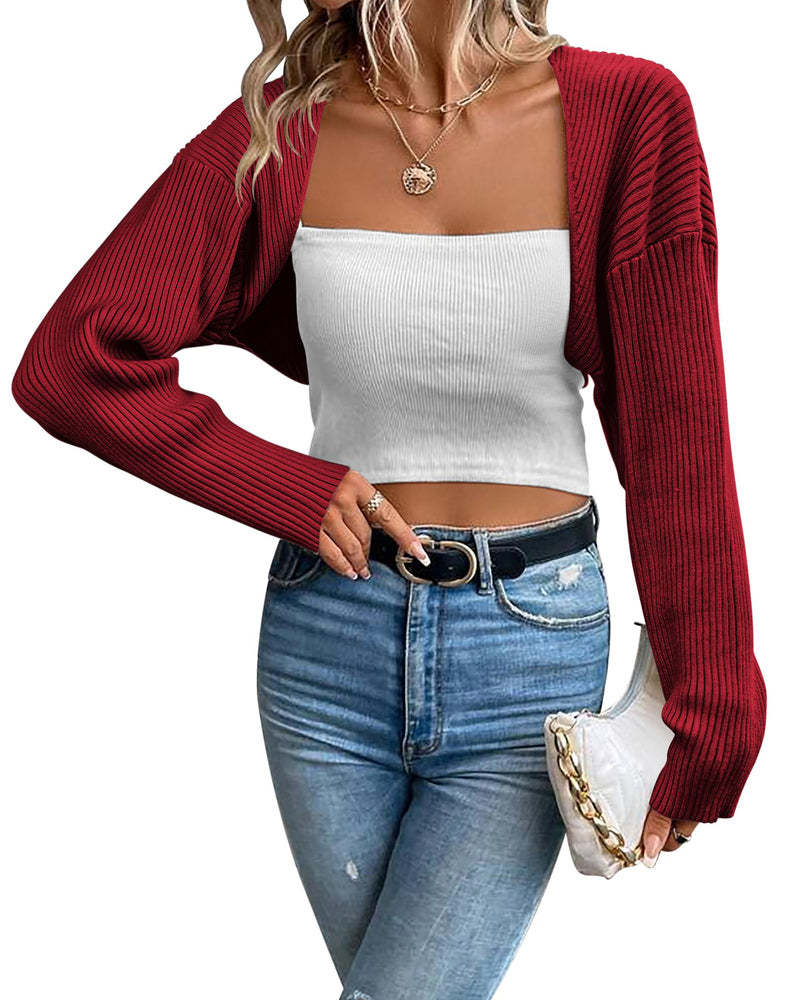 Zeagoo Women's 2023 Fall Winter Cardigan Sweater Long Sleeve Open Front Shrug Drop Shoulder Ribbed Knit Bolero Crop Top-tidenox