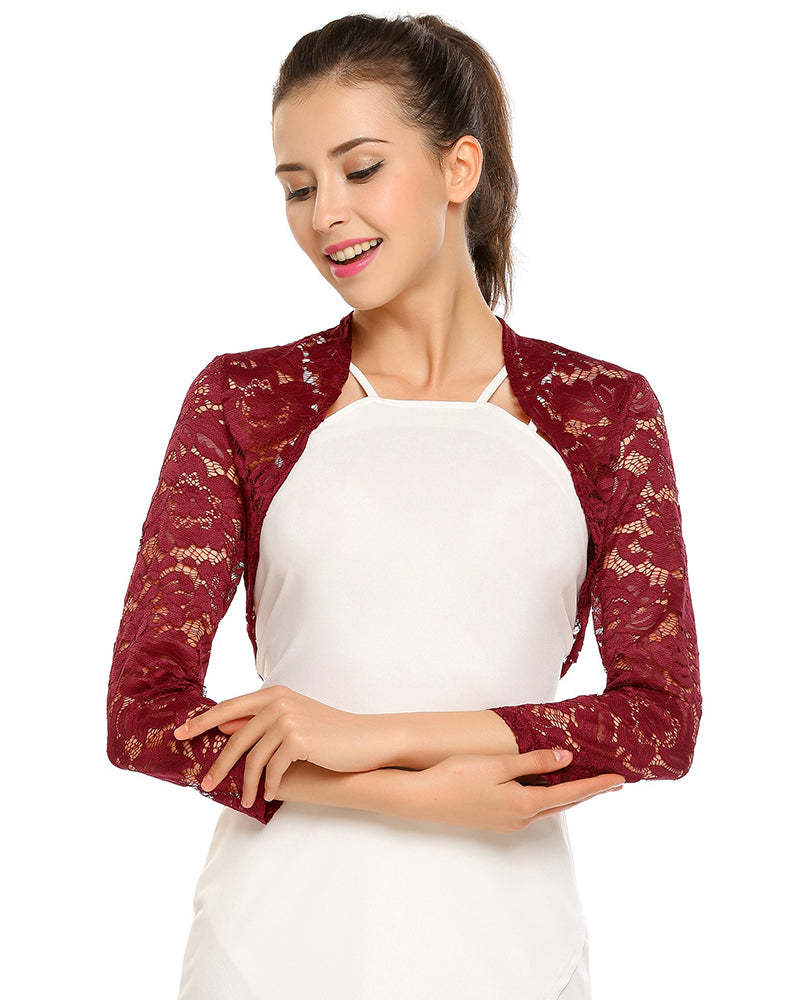 Women's 3 4 Sleeve Bolero Shrugs Crochet Lace Open Cardigan - Zeagoo (Us Only)-tidenox