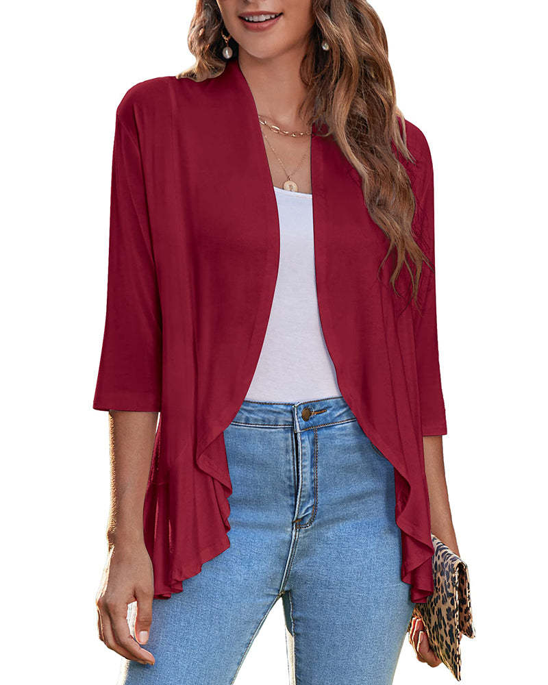 Women's Open Front Cardigan 3/4 Sleeve Draped Ruffles Soft Knit Sweaters - Zeagoo (Us Only)-tidenox