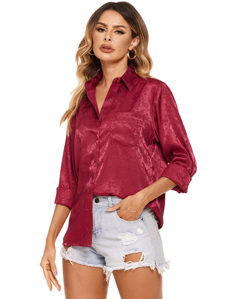 Satin Silk Shirt Floral Button Down Blouse - Zeagoo (Us Only)-tidenox