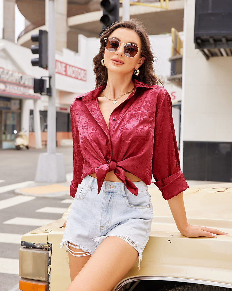 Satin Silk Shirt Floral Button Down Blouse - Zeagoo (Us Only)-tidenox