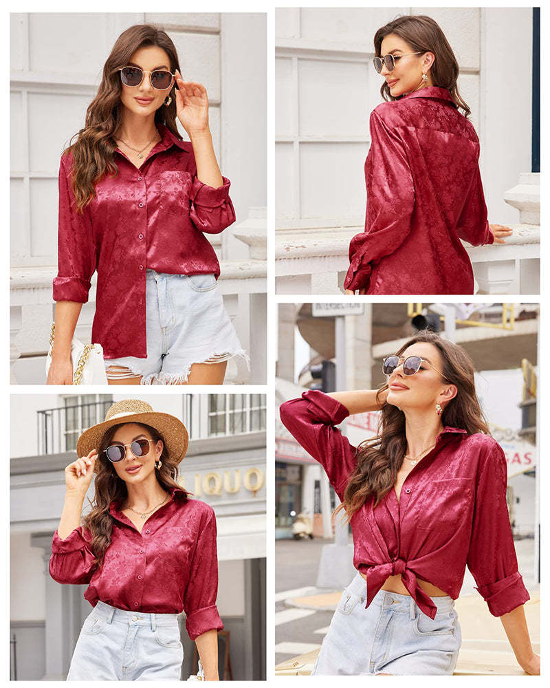 Satin Silk Shirt Floral Button Down Blouse - Zeagoo (Us Only)-tidenox