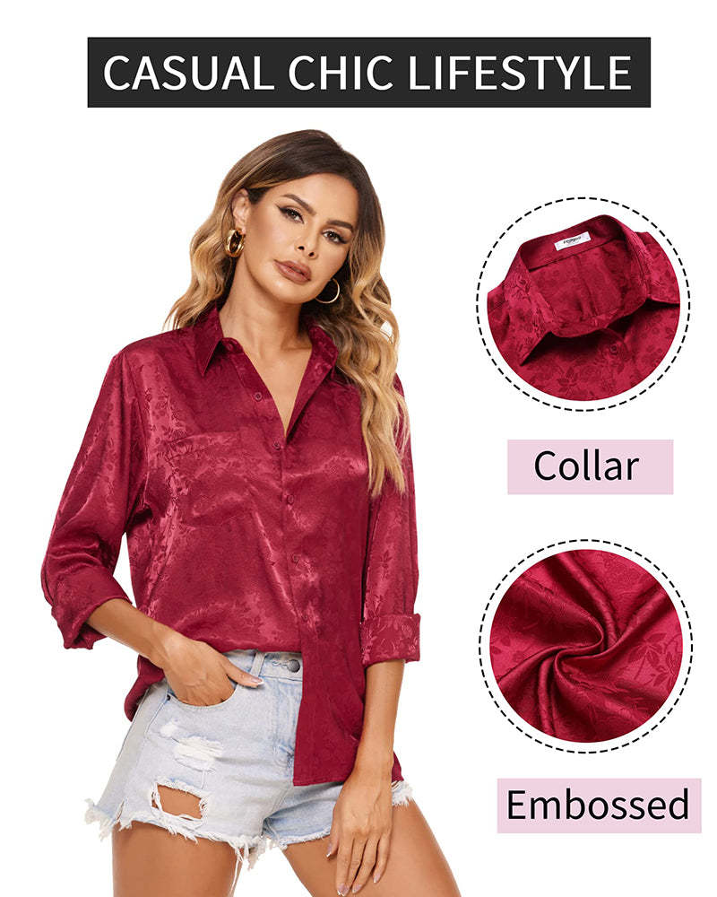 Satin Silk Shirt Floral Button Down Blouse - Zeagoo (Us Only)-tidenox