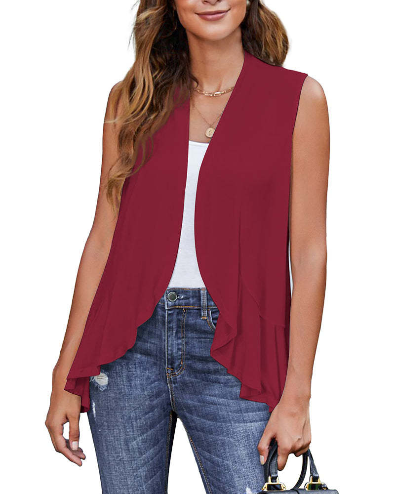 Women's Sleeveless Draped Open Front Cardigan Ruffles Hem Vest - Zeagoo (Us Only)-tidenox