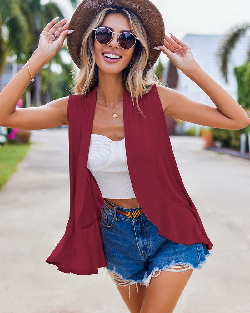 Women's Sleeveless Draped Open Front Cardigan Ruffles Hem Vest - Zeagoo (Us Only)-tidenox